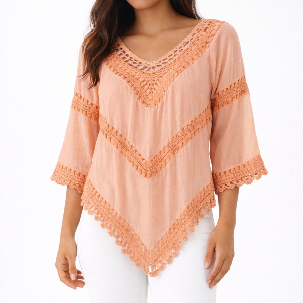 Boston Proper Peach Crochet Trim Blouse Size M